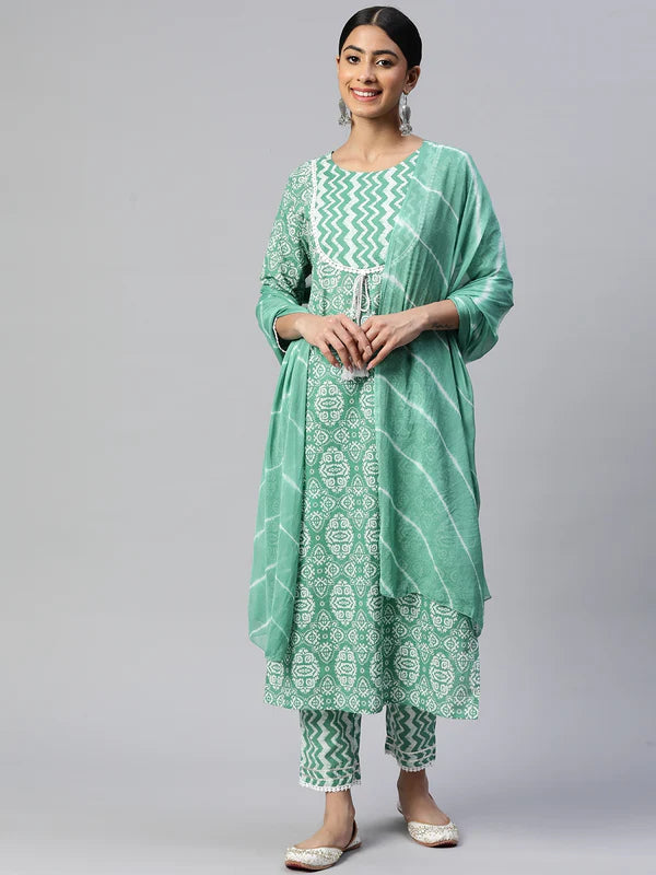 [ Ready SG Stock ] Sea Green Printed & Delicate Lace Work Straight cut 3 Pcs Cotton Punjabi Suit with Dupatta [ Indian Dresses ]