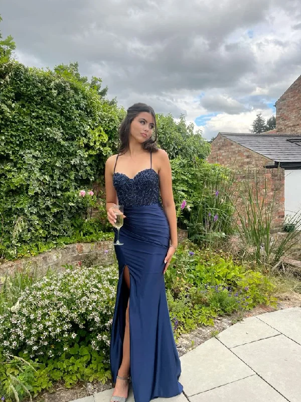 Navy Blue Spaghetti Straps Appliques Satin Long Prom Dress DP3883