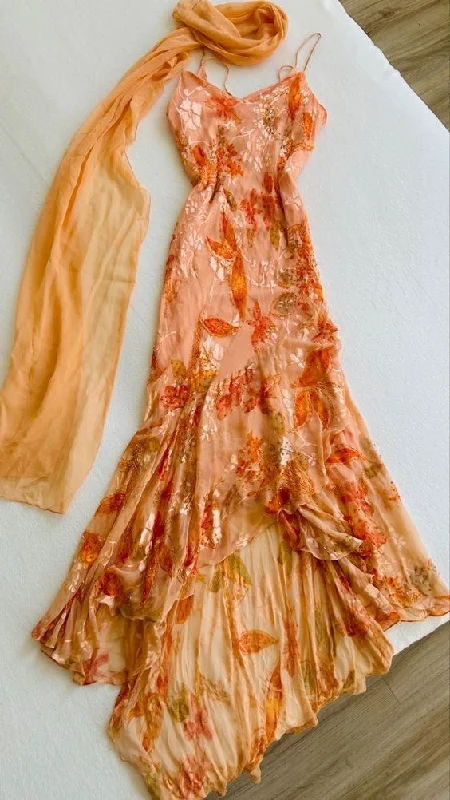 Unique Orange Chiffon Print Floral Beaded Mermaid Prom Dress cc2100