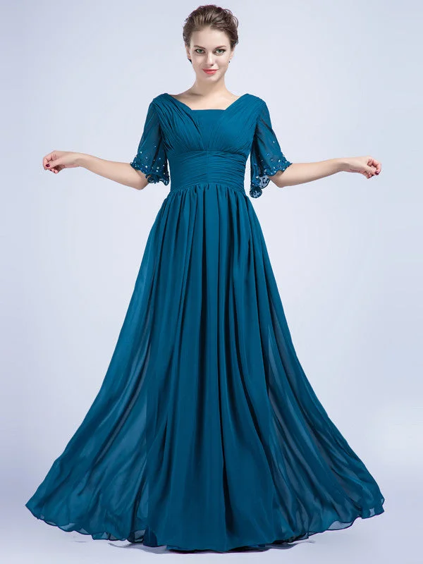 Teal Chiffon Full Length Formal Dress with Sleeves