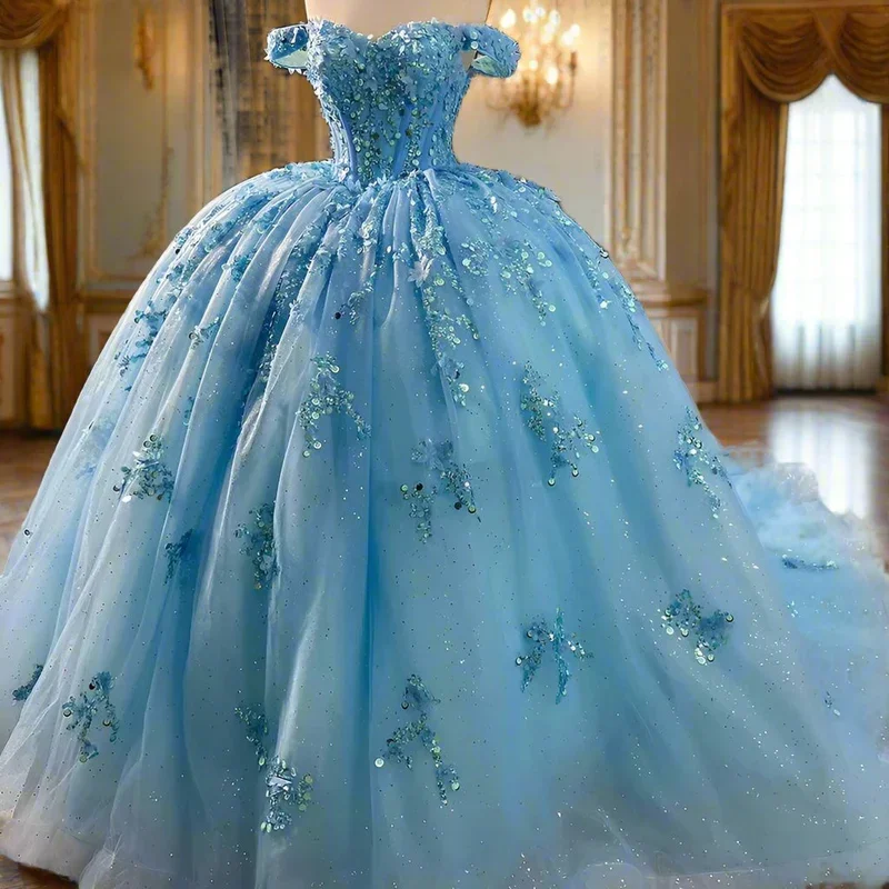 Sparkly Blue Sequins Beaded Ball Gown Luxury Off The Shoulder Sweet 16 Dress Birthday Dress cc1682