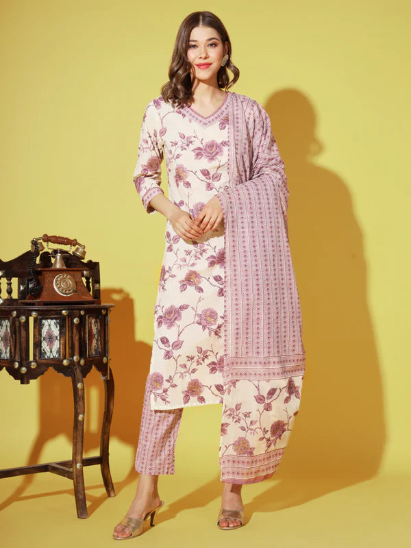 [ Ready SG Stock ] Purple with Golden hue Floral Printed Straight cut 3 Pcs Cotton Punjabi Suit with Dupatta [ Indian Dresses ]