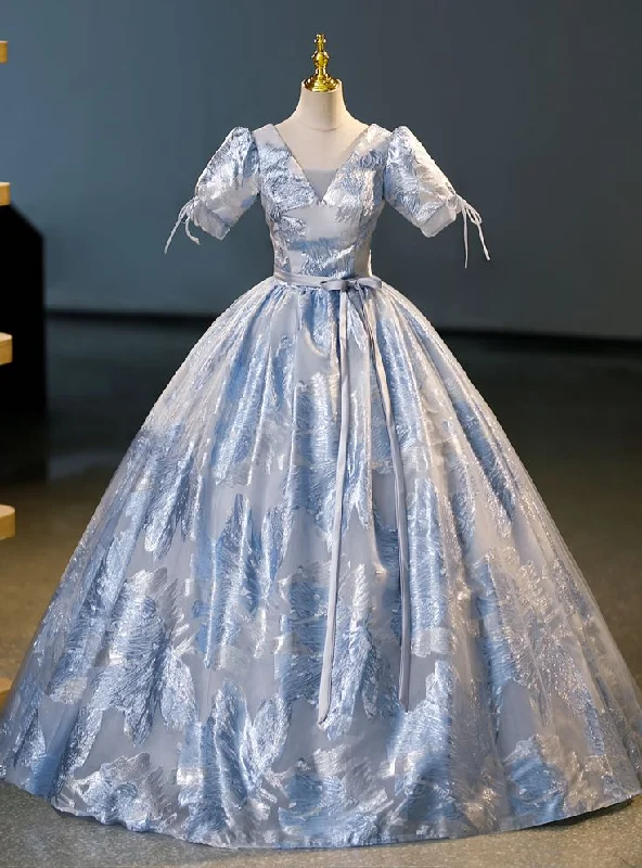 Elegant Blue Satin Print Princess Quinceanera Dress A Line Ball Gown cc1699
