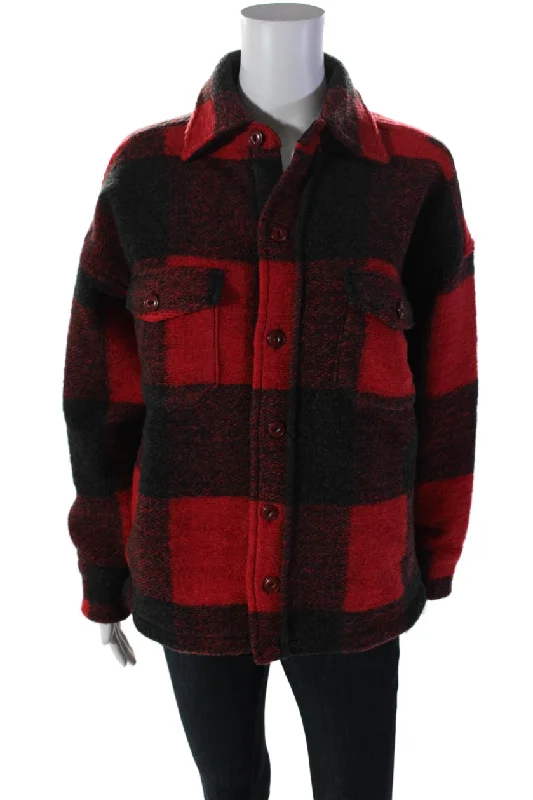 Anine Bing Womens Wool Knit Button Down Plaid Print Shacket Red Black Chic Square Blouse