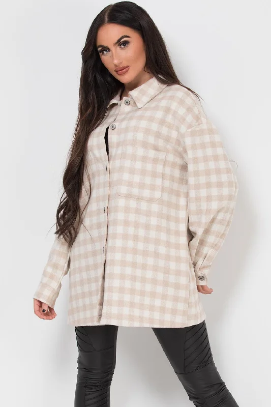 Beige Gingham Check Shacket Oversized Everyday Stylish Blouse
