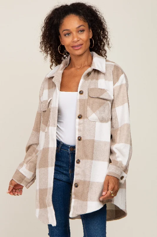 Beige Plaid Brushed Long Shacket Vintage Lace Blouse