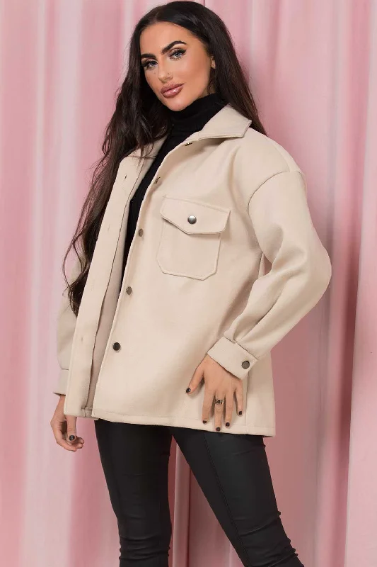 Beige Shacket With Front Pockets Office-Ready Blouse