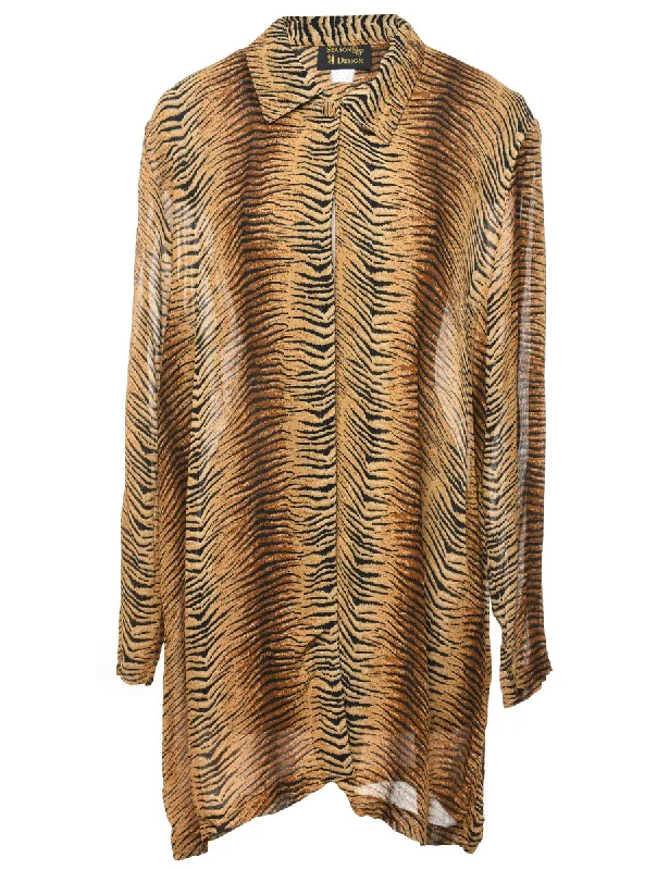 Black & Brown Tiger Print Blouse  - XL Elegant Silk Blouse