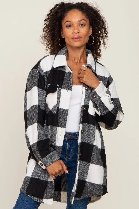 Black Plaid Brushed Long Shacket Floral Print Blouse