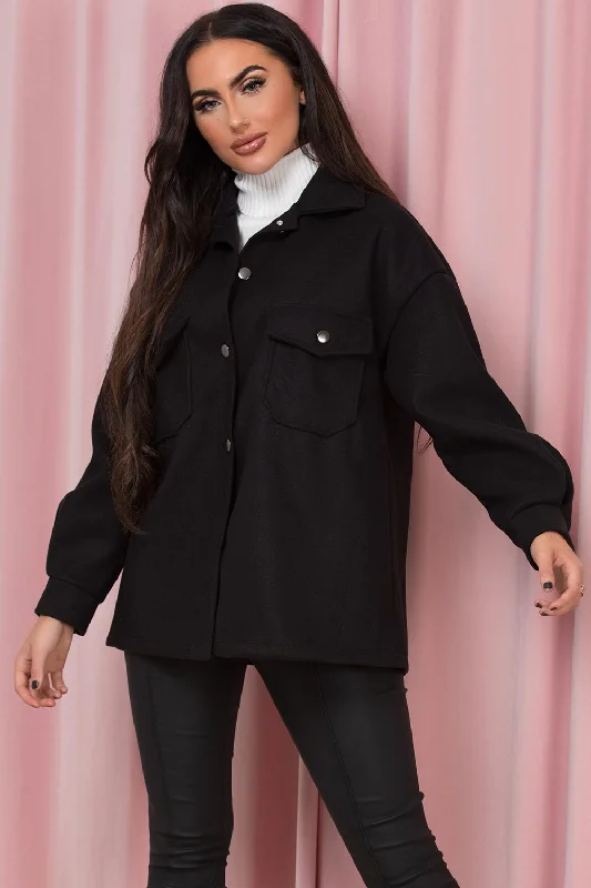 Black Shacket With Front Pockets Ruched Sleeve Blouse