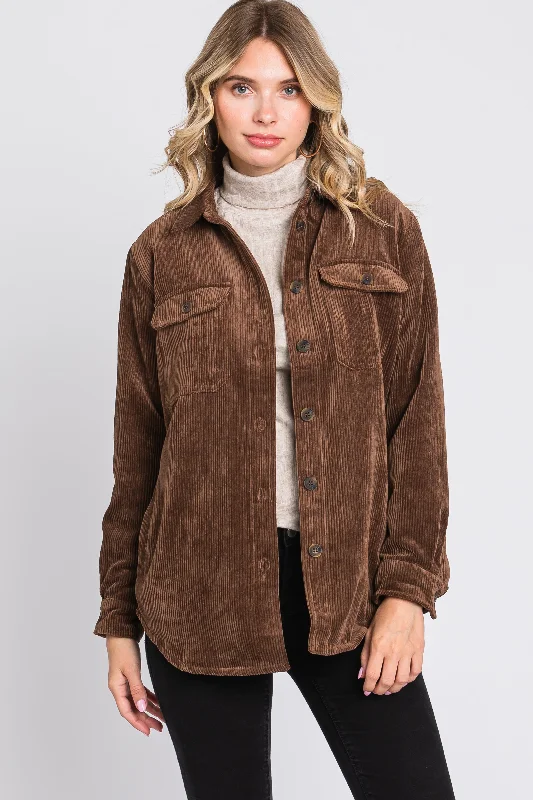 Brown Corduroy Plaid Fleece Lined Button Down Shacket Romantic Lace Blouse