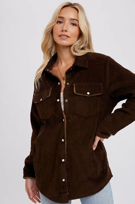Brown Corduroy Sherpa Lined Shacket Everyday Stylish Blouse