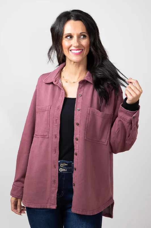 C&C California Martina Sunwashed Fleece Shacket for Women in Berry | 89B02884A-J531-BERRY Vintage Lace Blouse C&C California Martina Sunwashed Fleece Shacket for Women in Berry | 89B02884A-J531-BERRY Vintage Lace Blouse