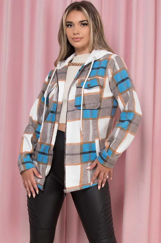 Check Shacket With Hood Blue And Brown Chic Square Blouse