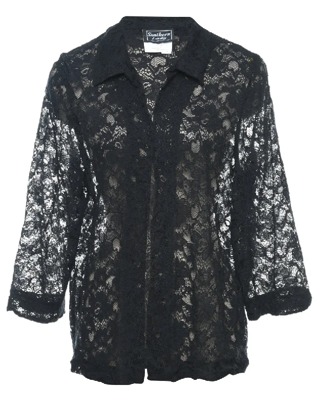 Classic Black Lace 1990s Sheer Blouse - L Boho Chic Blouse