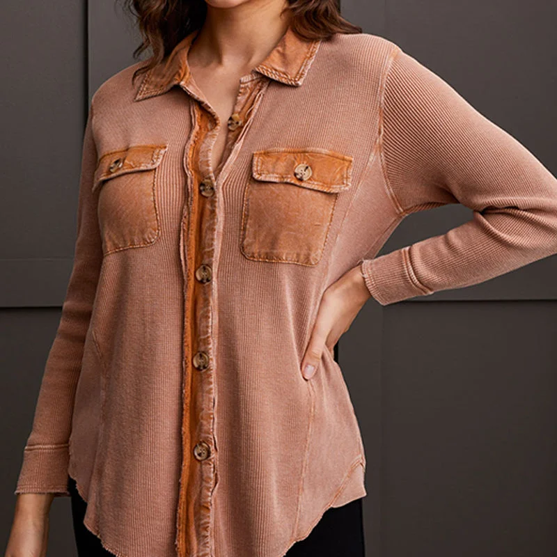 Cotton Button-Up Almond Shacket Asymmetric Hem Blouse