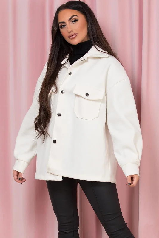 Cream Shacket With Front Pockets Satin Bow Blouse