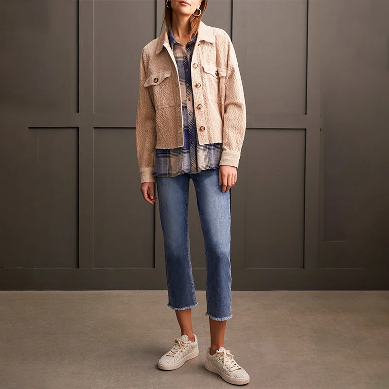 Crop Denim Beige Shacket With Patch Pockets Loose Oversized Blouse