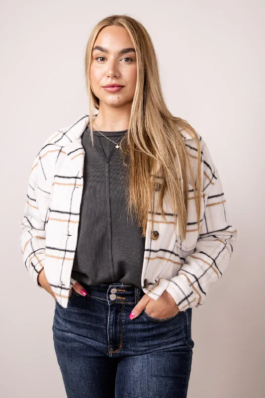 Cropped Plaid Shacket for Women in Open Window | 11403-OPENWINDOW Drape Neck Blouse