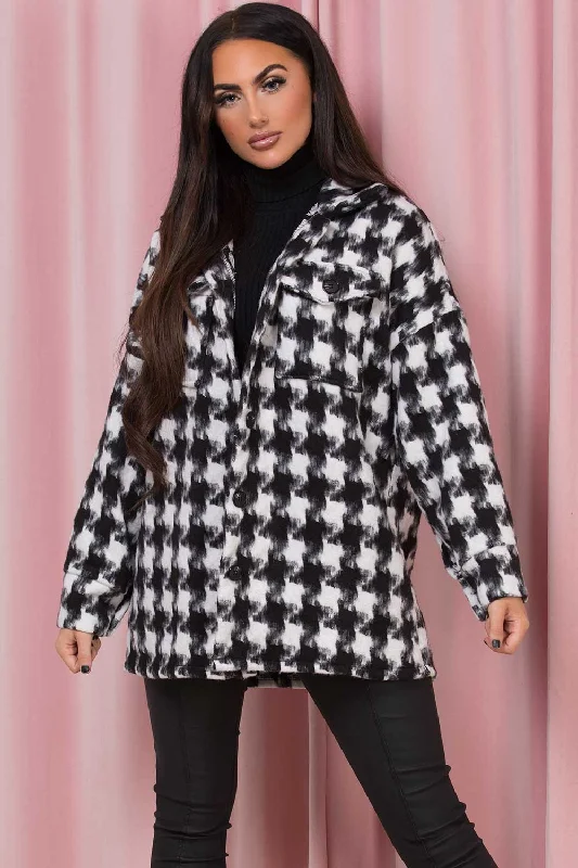 Dogtooth Shacket Black And White Sweetheart Neck Blouse