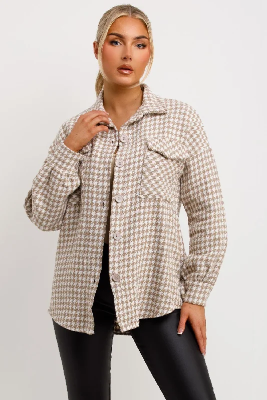 Dogtooth Shacket With Button Front Beige Stretchy Fitted Blouse