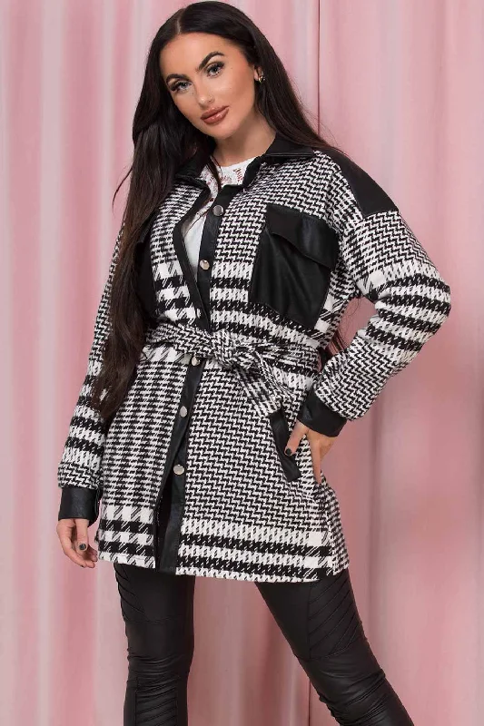 Dogtooth Shacket With Faux Leather Detail Feminine Ruffle Blouse