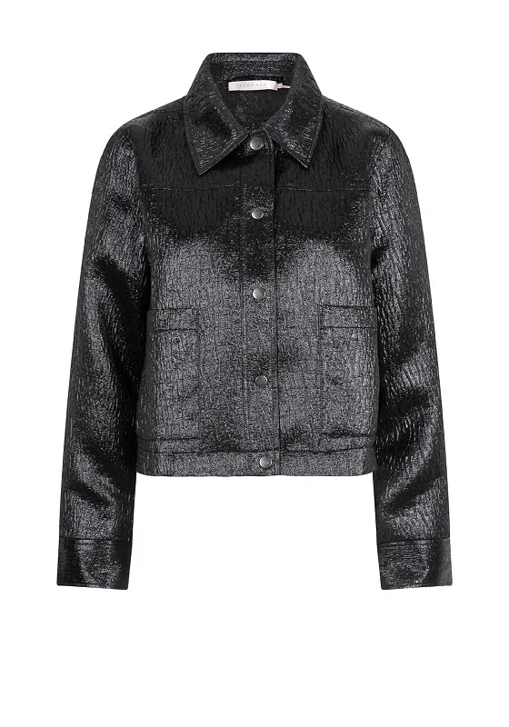 Esqualo Shimmer Effect Cropped Shacket, Black Peter Pan Blouse