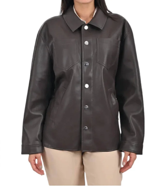 Faux Leather Shacket In Brown Flowy Bohemian Blouse