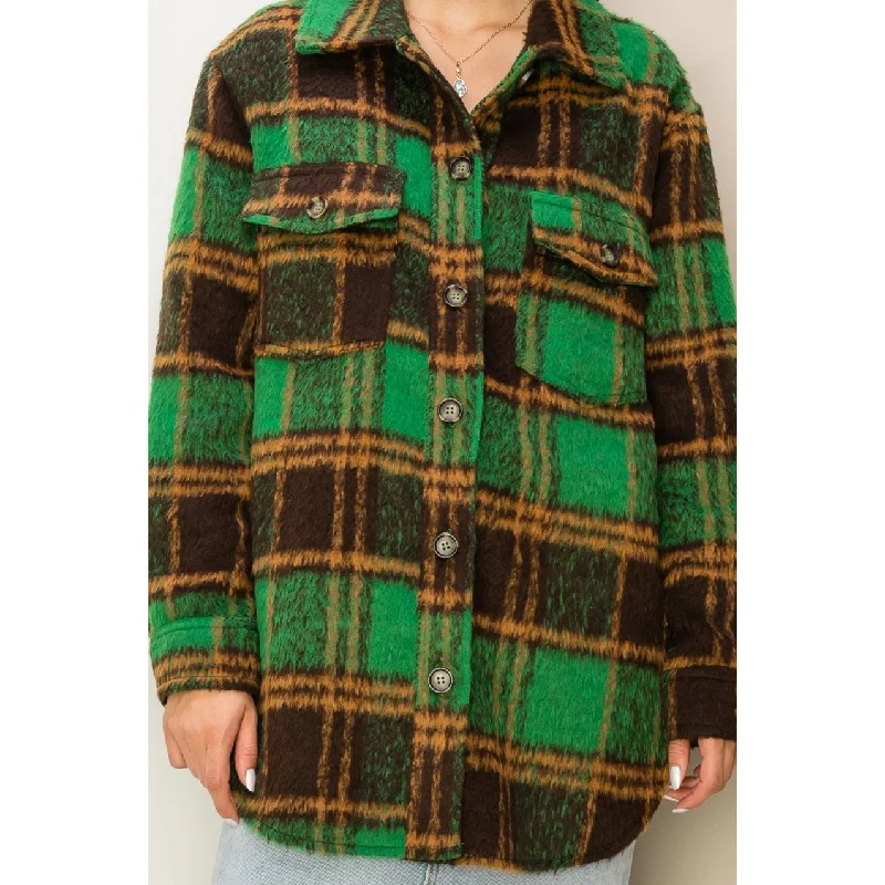 Faux Mohair Plaid Shacket Ruffled Neck Blouse