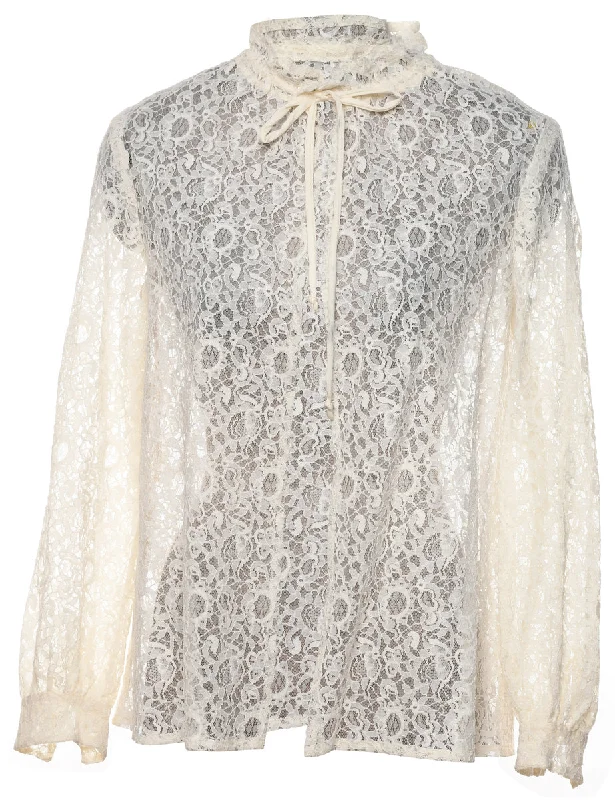 Floral Pattern Off-White Frilled Detail Lace Blouse - M Playful Puff Blouse