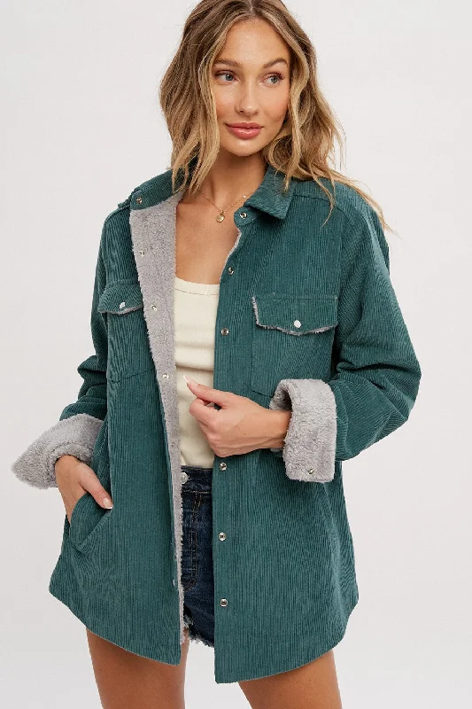 Forest Green Corduroy Sherpa Lined Shacket Playful Puff Blouse