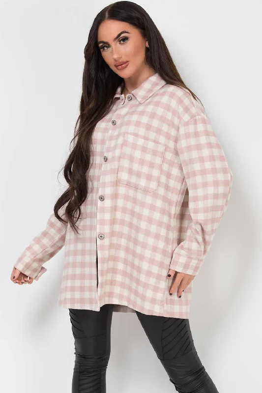 Pink Gingham Check Shacket Oversized Elegant Embroidery Blouse