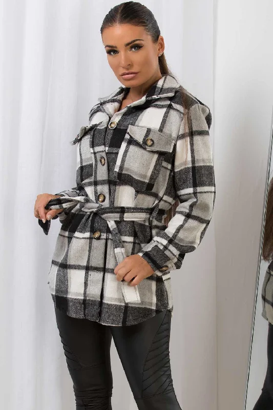 Grey Check Shacket With Belt Brushed Embroidered Floral Blouse