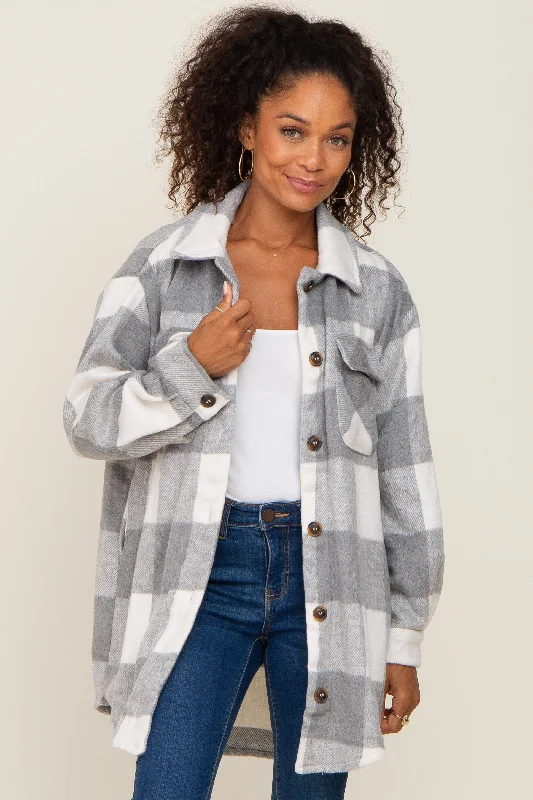 Grey Plaid Brushed Long Shacket Soft Satin Blouse