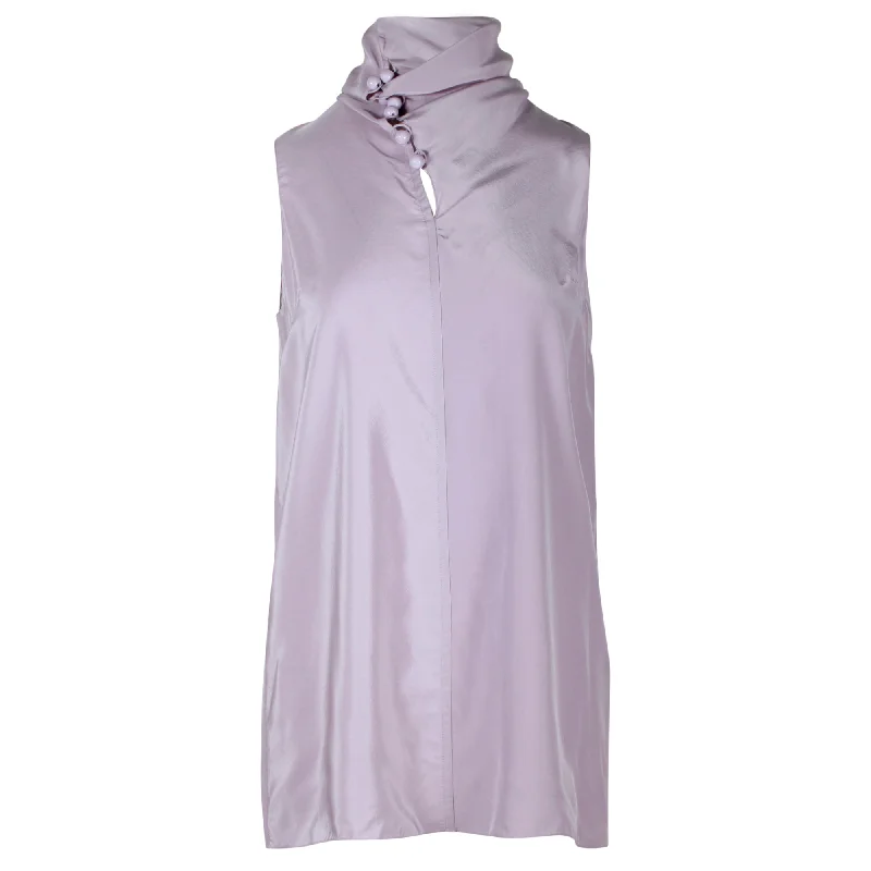 Hermes Sleeveless Turtleneck Blouse in Lilac Silk Pleated Collar Blouse