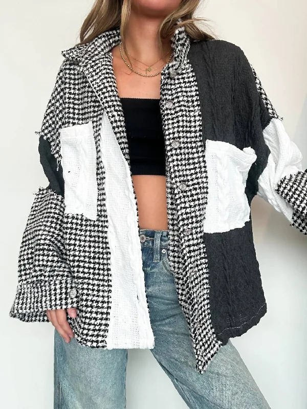 Houndstooth Patchwork Shacket In Black/white Cotton Casual Blouse