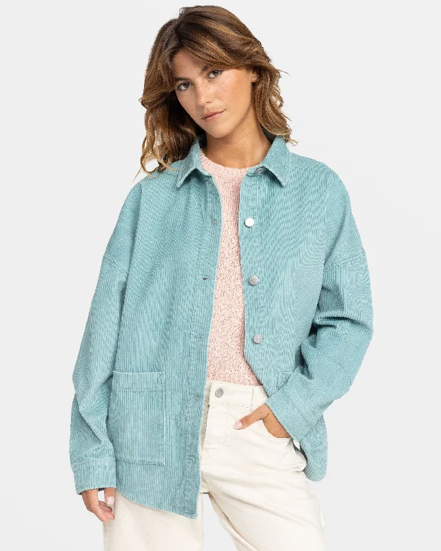 Kick Back Corduroy Shacket - Mineral Blue Balloon Sleeve Blouse