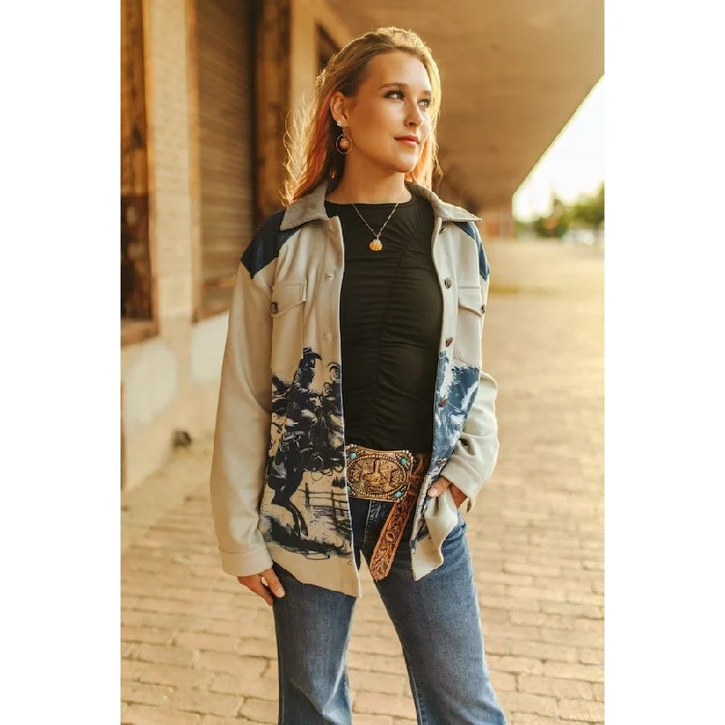 L&B Grey Suede Jumping Cowboy Horse Printed Long Sleeve Shacket Silky Tunic Blouse