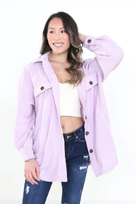 La Miel Sunset Fleece Shacket for Women in Lilac Purple | JKT1712-LILAC Modern Work Blouse La Miel Sunset Fleece Shacket for Women in Lilac Purple | JKT1712-LILAC Modern Work Blouse