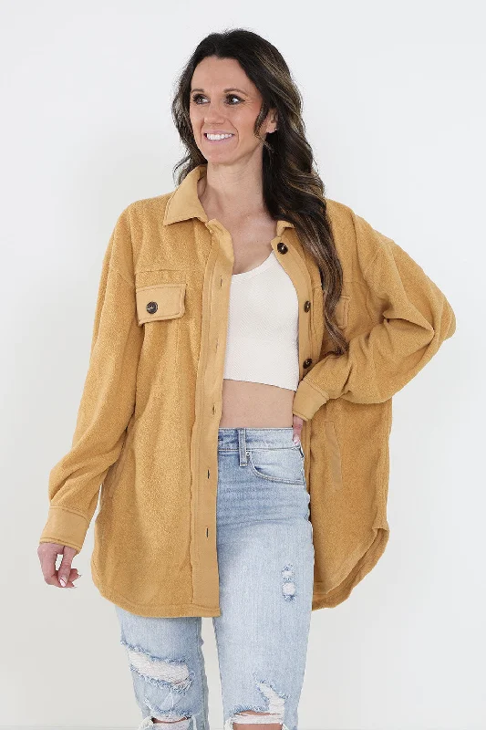 La Miel Sunset Fleece Shacket for Women in Wheat Brown | JKT1712-WHEAT Business Casual Blouse