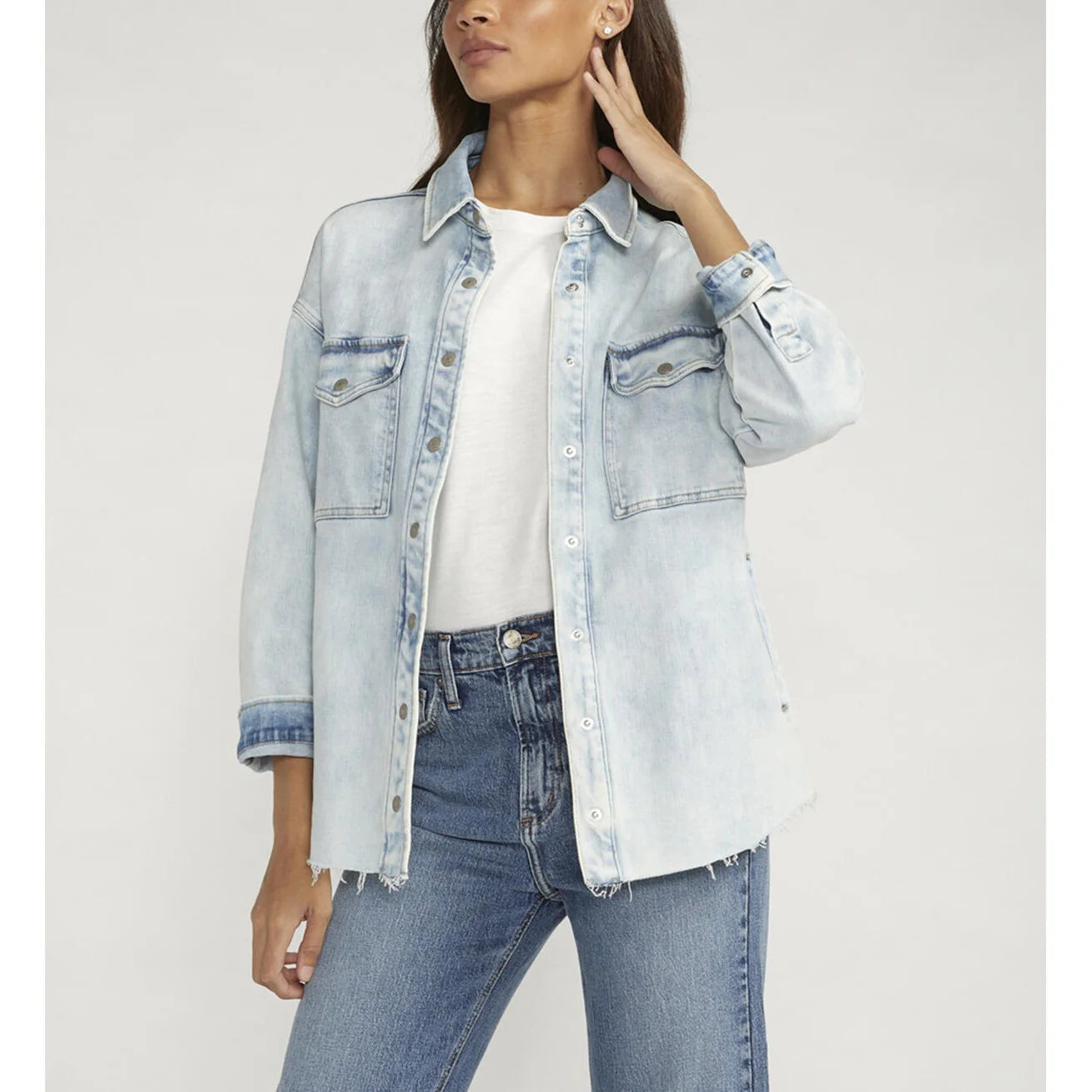 Ladies Silver Denim Shacket Satin Bow Blouse