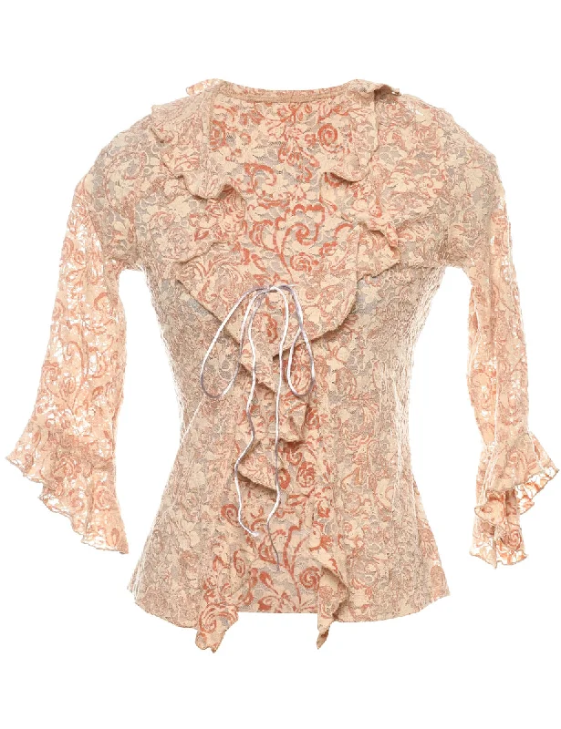 Light Brown & Orange Y2K Ruffled Blouse - M Sleeveless Chiffon Blouse