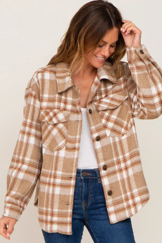 Light Mocha Plaid Front Pocket Shacket Office Formal Blouse