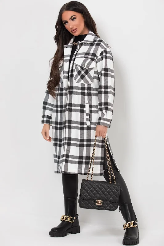 Long Check Shacket Black & White Soft Satin Blouse
