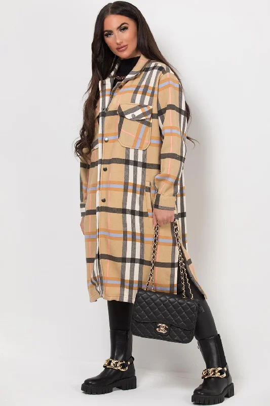 Long Check Shacket Camel Satin Drape Blouse