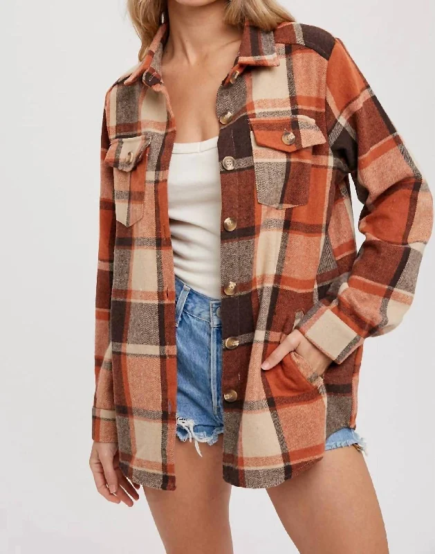 Long Sleeves Flannel Plaid Shacket With Pockets In Taupe Plaid Vintage Polka Blouse