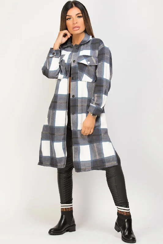 Longline Check Shacket Navy Chic Ruffle Blouse
