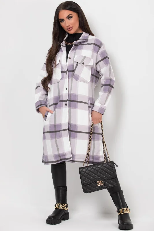 Longline Check Shacket Purple Delicate Pleat Blouse