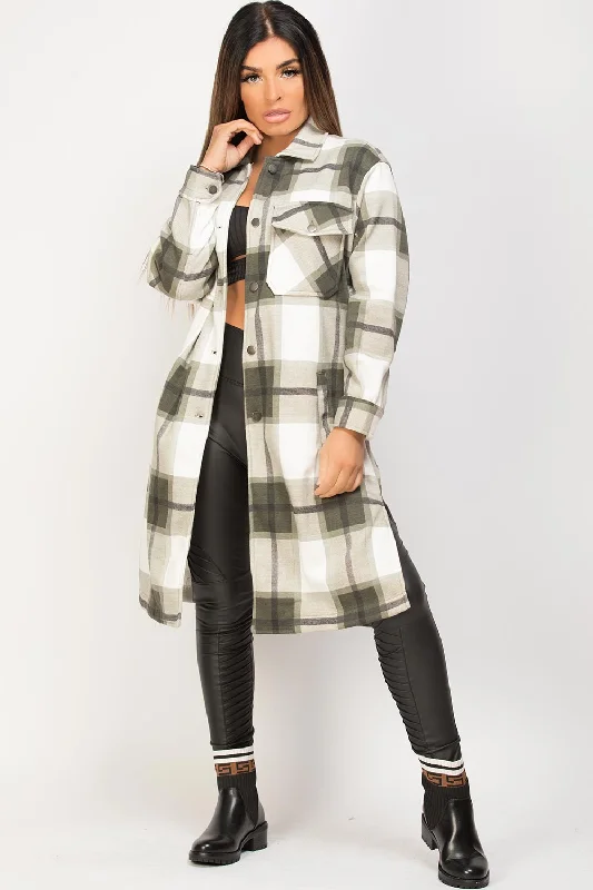 Longline Shacket Khaki Check Loose Fit Blouse