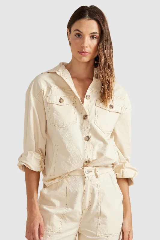 MINKPINK Womens Zala Shacket Ecru Soft Satin Blouse